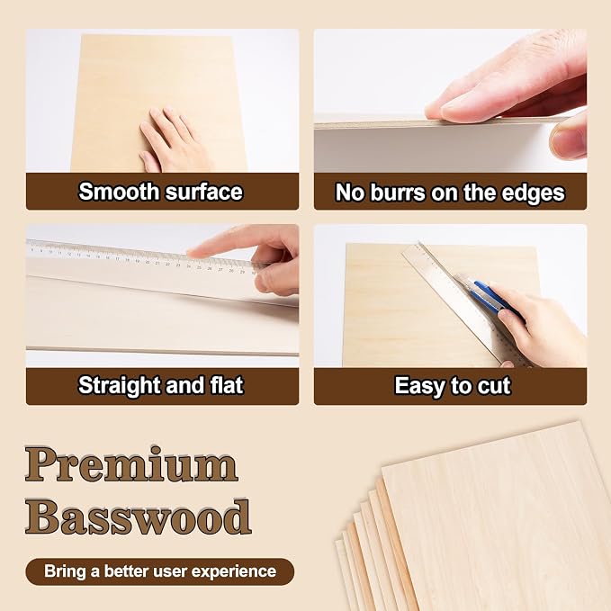 60 Pack Basswood Sheets for Laser Cutting, 12 x 12 x 1/8 Inch, Unfinished Squares Wood Sheets for Crafts - Smooth Surface Plywood for Wood Burning, Engraving, Architectural Models, Painting & Staining - Image 3