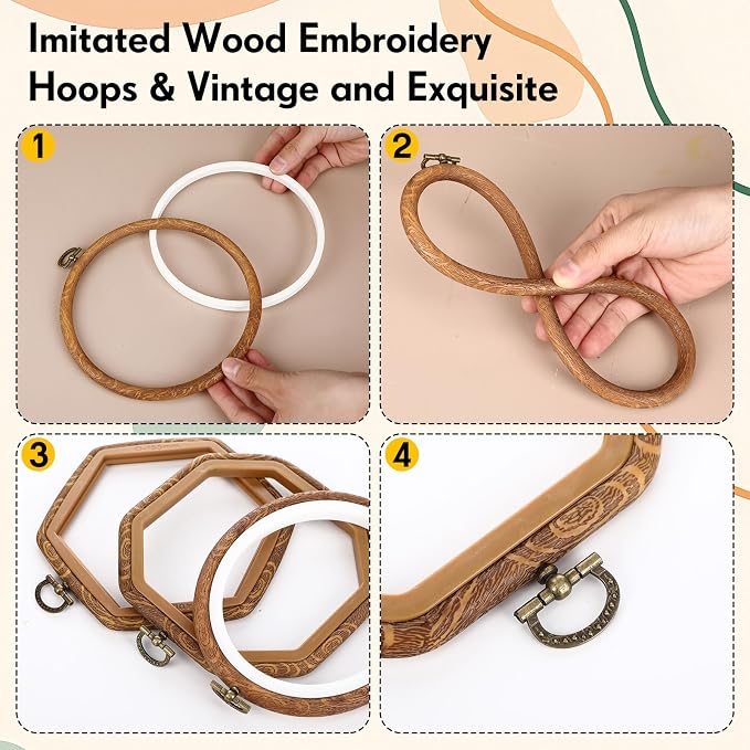 Qunclay 18 Pcs Large Embroidery Hoop Frame Decorative Imitated Wood Display Frame Circle Oval Octagonal Cross Stitch Hoop Ring for DIY Sewing Craft and Hanging Ornaments Decor (Comprehensive) - Image 4