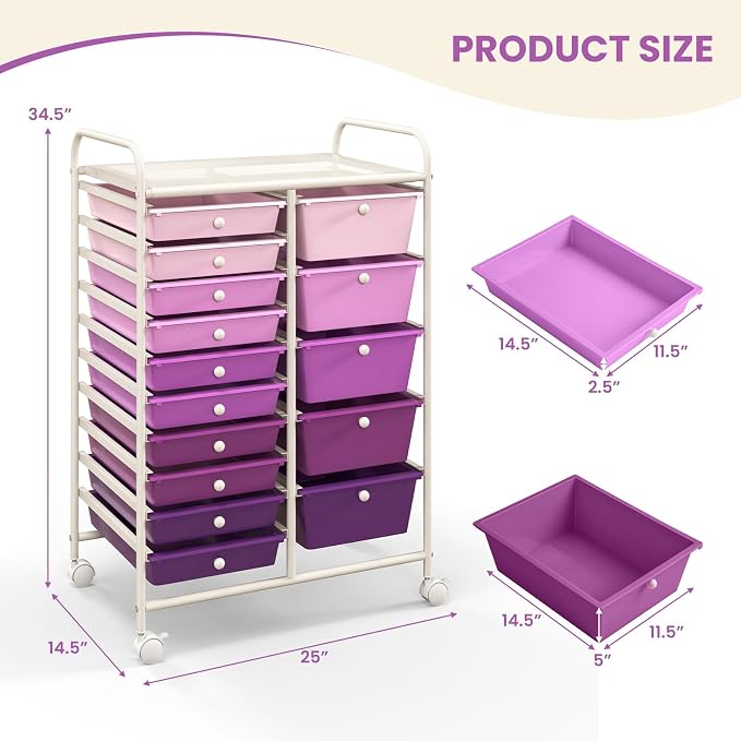 COSTWAY 15 Drawer Rolling Storage Cart, Mobile Storage Organizer | Removable Drawers & Metal Frame, Multipurpose Utility Tools Paper Organizer on Wheels for Home, Office (Purple Gradient) - Image 3
