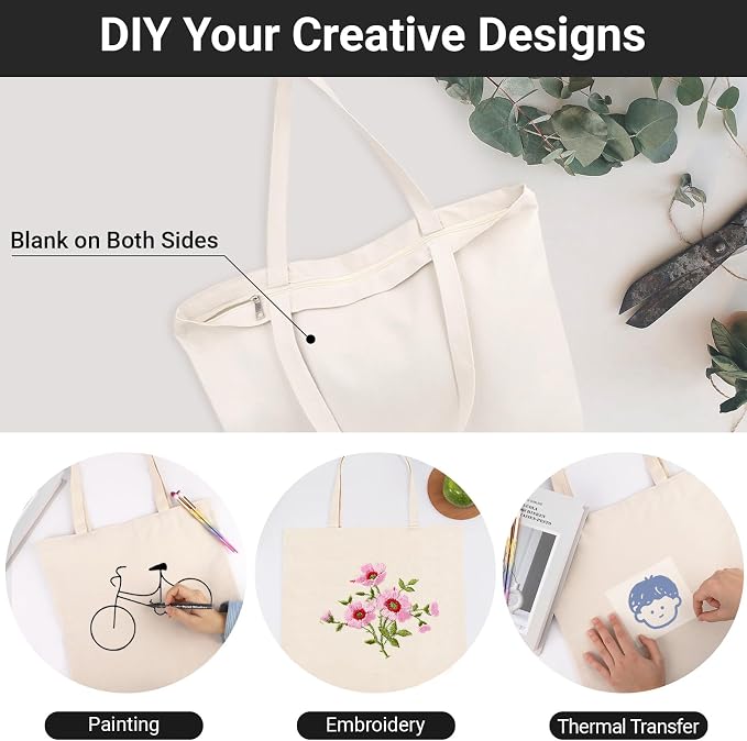 Segarty Canvas Bag with Zipper, 6 Pack 18x15in Blank Canvas Tote Bags for Women, Reusable Tote Bags Aesthetic with Natural Cotton Cloth, Shoulder Strap, Bulk for DIY Grocery Beach Travel Gift - Image 4