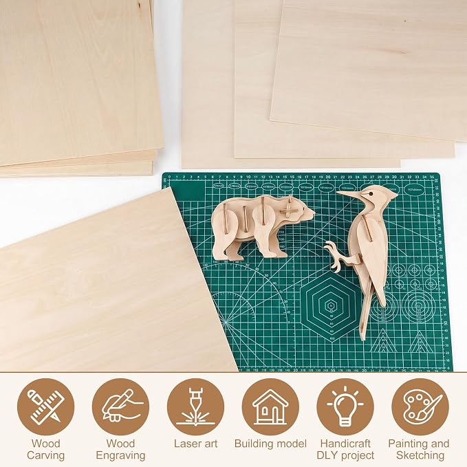 SiliFine 12x12 Inch 24 Pack Basswood Sheets for Crafts, Mixed Sizes 1/16“or 1/8" 3mm Plywood Boards, Unfinished Wood Sheets for Laser Cutting Burning Paint DIY Project Model (Suqare) - Image 6