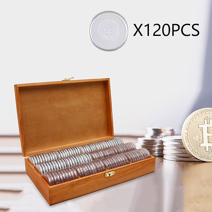 20-46 mm Wooden Coin Holder, 120 Pcs Highly Transparent Coin Capsules with Foam Gasket, Coins Collector Case Holder, Professional Coin Storage Case Box for Coin Collection (Bronze) - Image 2
