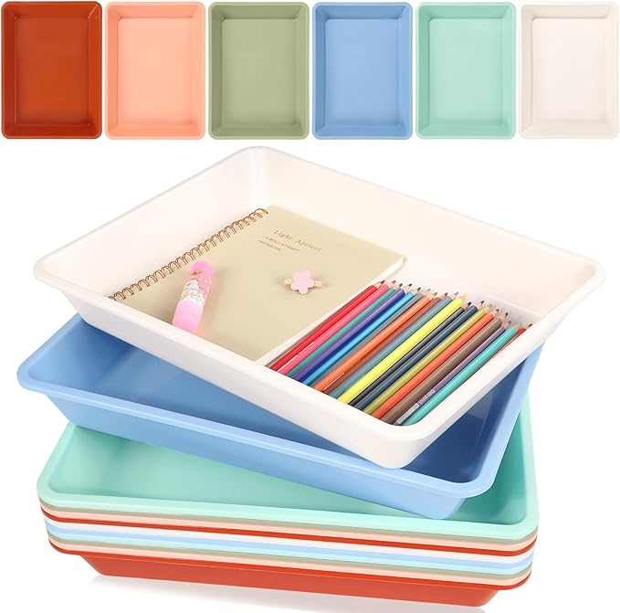 12 Pack Letter Size Flat Storage Paper Tray Organizer Bin Tray Plastic Stackable File Organizer for Classroom Library School Office Teacher Desktop Book Organization (Boho) by gisgfim