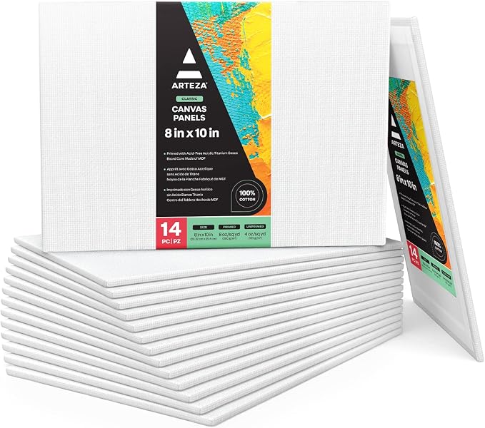 ARTEZA Canvas Panels, 8 x 10 in, Pack of 14, 100% Cotton Pre-Primed Canvas Boards for Acrylic, Oil, Gouache, Tempera, Pouring Paint, Crafts, and Mixed Media by ARTEZA