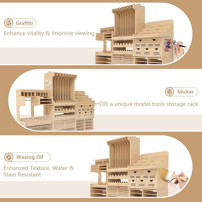 Wooden Model Kit Tool Organizer Storage Rack, Paint Rack Organizer with MDF Material, Brush/Screwdriver Storage, Craft Supplies Storage, Suitable for Tamiya Gundam Model Tools, GK10 - Image 6