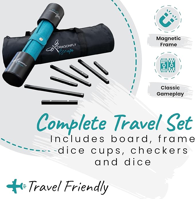 Travel Backgammon Set Deluxe – Roll-Up Board with Magnetic Wooden Frame, Dice Cups and Bag - Unique Travel Backgammon Set for Adults