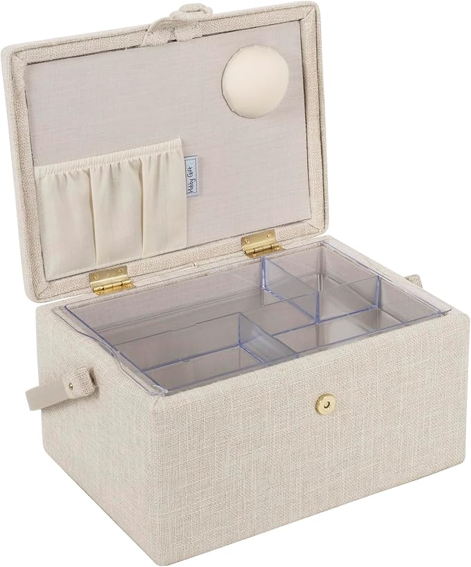 Hobby Gift Medium Sewing Box Organiser | Fabric Covered Storage Box, Handle, Internal Tray, Pin Cushion and Pocket, For Sewing, Quilting and Knitting Supplies - Image 4
