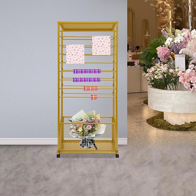 16 Tier Ribbon Holder Organizer Rack for Craft Room, Ribbon Display Stand with Lockable Wheels, Multifunctional Ribbon Storage Flower Gift Wrap Organizer for Flower Shop, Cake Shop (Gold) - Image 6
