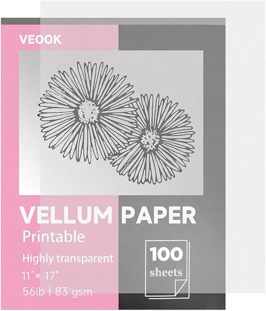 VEOOK Translucent Vellum Paper,100 Sheets 56lbs/83gsm 11 x 17 inches Printable Vellums Tracing Paper for Tracing, Drawing, Sketching, Card Overlays, Invitations Belly Bands, Envelope, Lantern(VP_B-01) by VEOOKOfficeSupplies