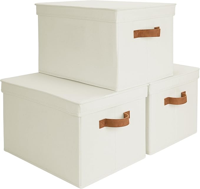 StorageWorks Storage Bins with Lids, Decorative Storage Boxes with Lid and PU Handles, Foldable Storage Baskets for Closet, Shelves, Stackable, Ivory, Jumbo, 3-Pack | Lidded Dust-proof, Easy Pull Handles, Foldable, Stackable, Ideal for Clothes Blanket ... by StorageWorks