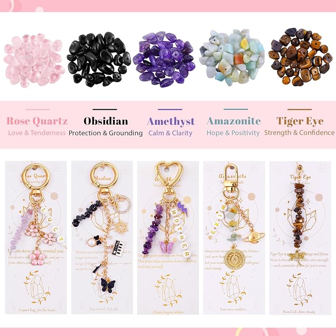 907 Pcs Lipgloss Keychain Making Kit,Bag Charm Kit with Crystal Stone | with 5 Colors Crystal Stones,Charms,Key Rings,Clips,Pliers,Letter Beads,Manual,Gift Bag,Extender Chain for DIY Crafting - Image 3
