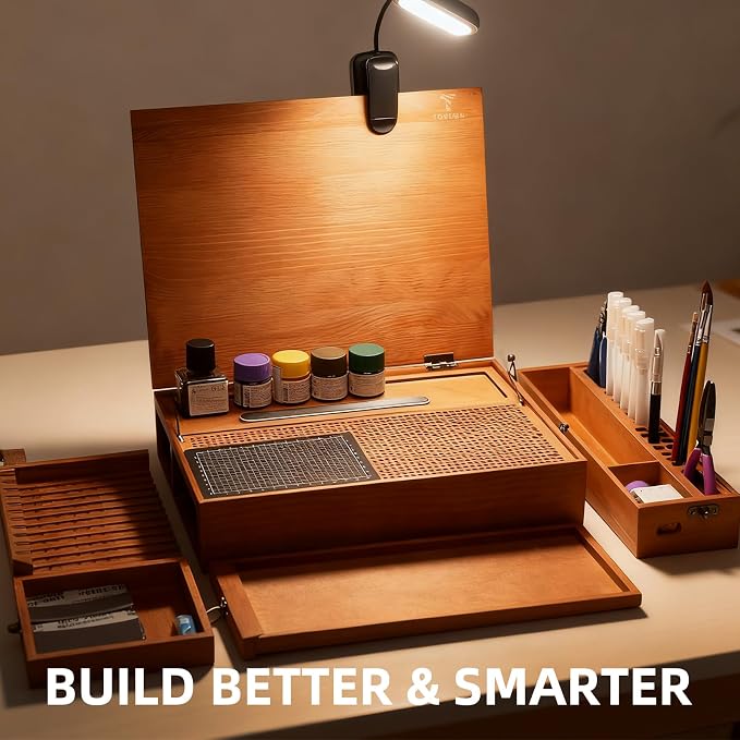 Model Building Station, Portable Hobby Workbench with Tool Storage | Solid wood hobby station with dust collection, cutting mat, tool holders for model, miniatures & scale model assembly - Image 6