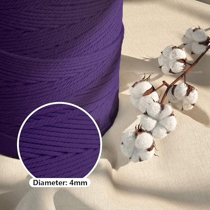 ZUEXT Macrame Cord, Dark Violet, 4mm x 547yds Cotton String Macrame Yarn | Natural Handmade, 4 Strands Twisted Cotton Rope, for Craft Wall Hanging Weaving Tapestry Dream Catchers Hanger DIY Gift, 500m - Image 3