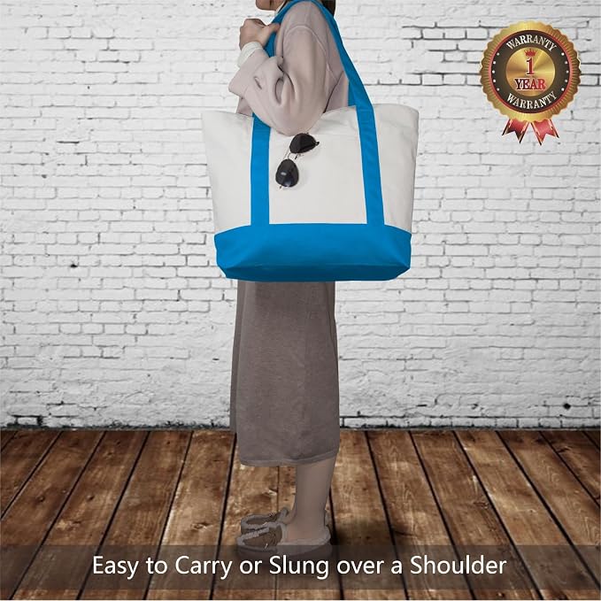 TOPDesign 1-Pack Canvas Tote Bag with an External Pocket, Reusable Grocery Shopping Bag, Top Zipper Closure, Daily Essentials (Ocean Blue/Natural) - Image 2