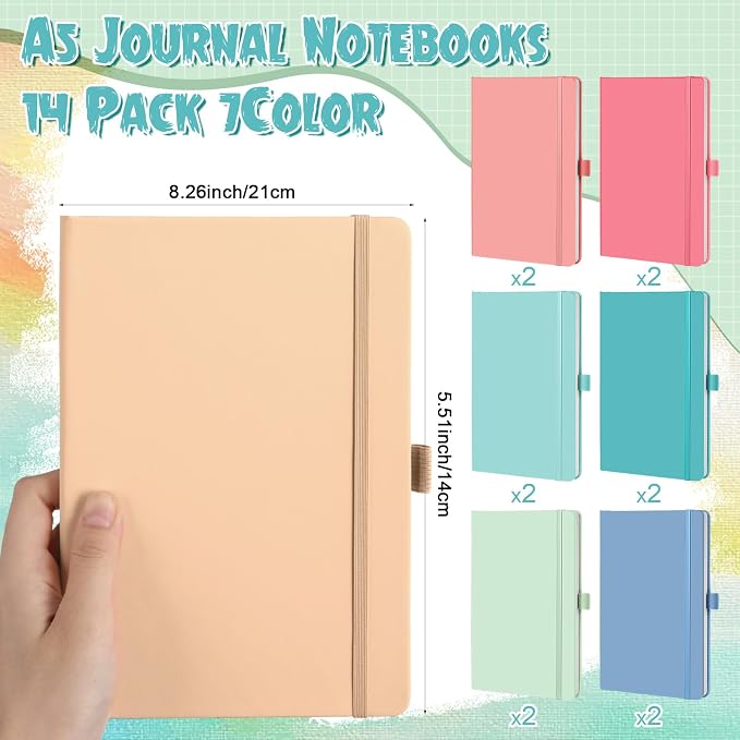 Laumoi 14 Pack Hardcover Lined Journal Notebooks Bulk,Rococo Color,A5 | PU Leather Journaling, Wide Ruled, with Pen Holder, for Office Business Work Writing - Image 2