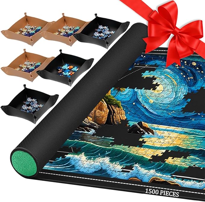 Pohxev Jigsaw Puzzle Mat Roll Up, Portable Saver Pad 43” x 26” Up to 1500 Pieces, Puzzles Matt Rollup with Non-Slip Rubber Bottom & Smooth Top. (6 Puzzle Sorting Trays & 1 Storage Bag) by Pohxev