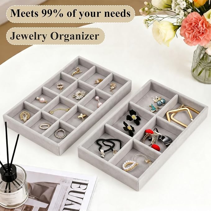 24 Pack Velvet Jewelry Trays Stackable Jewelry Organizer Trays Drawer Inserts Divided Storage Containers for Rings Earrings Jewelry Display (Gray) - Image 3