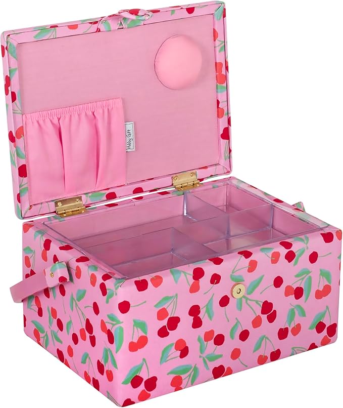 Hobby Gift Medium Sewing Box Organiser | Fabric Covered Storage Box, Handle, Internal Tray, Pin Cushion and Pocket, For Sewing, Quilting and Knitting Supplies - Image 8