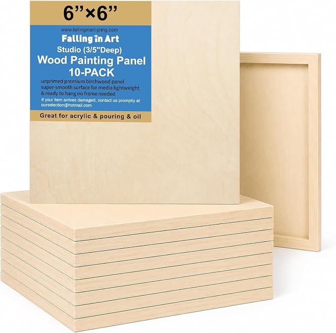 10 Pack 6x6 Unfinished Birch Wood Panels Kit for Painting | 3/5’’ Deep Wooden Canvas, Cradle Boards for Acrylic Pouring, Art, Crafts, Epoxy Resin, Laser Engraving Cutting by FallinginArt
