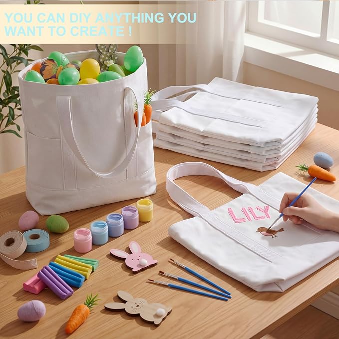 Eccliy 12 Pcs Mini Canvas Tote Bags 16" x 14" x 4" Small Tote Shopping Bag Bulk with Pocket Handle Blank Heavy Duty Reusable Canvas(White) - Image 3