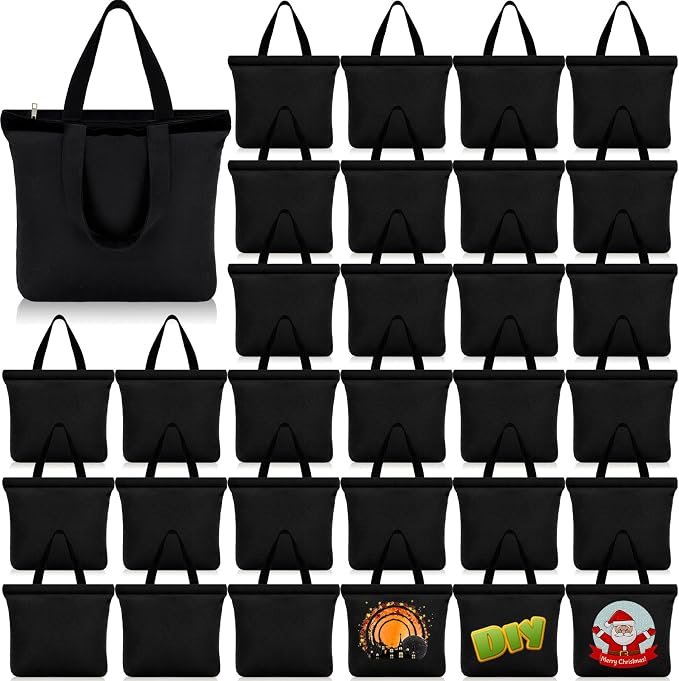 Silkfly 30 Pcs Canvas Tote Bags Bulk 16.5x13.4'' Blank Cotton Canvas Bag with Zipper Handles Reusable Plain Grocery Makeup Handbag for DIY(Black) by Silkfly