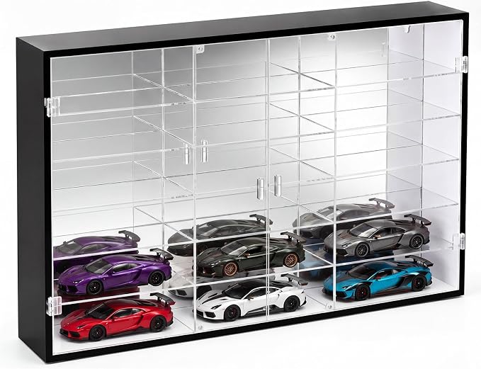 1: 24 Clear Acrylic Toy Car Display Case 18 Grids Toy Race Car Display Show Box Diecast Case Wall Mounted Vehicles Shelf for Storage, Christmas Mini Model Figure Lover Gifts by Juexica