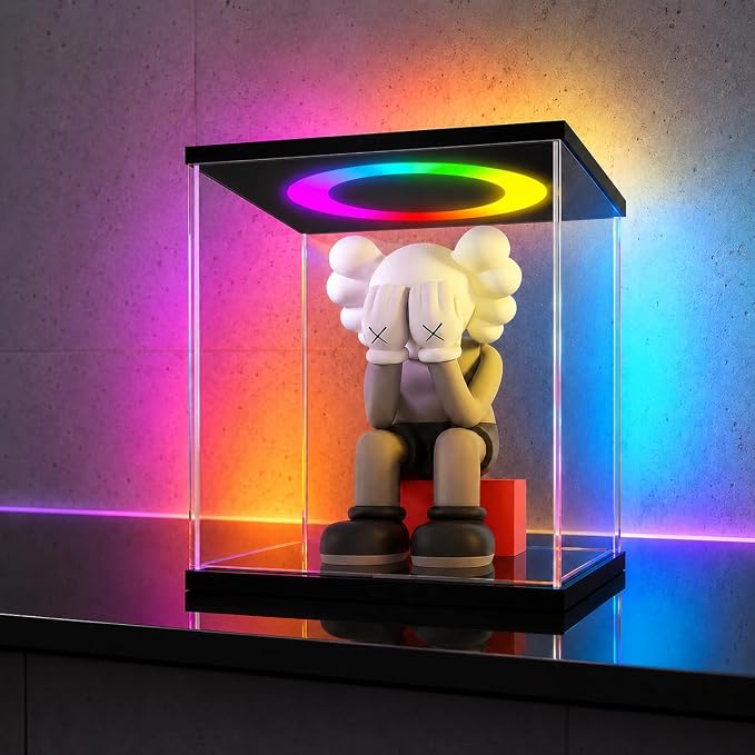 LANSCOERY Acrylic Display Case 17.7x17.7x17.7 in, 10mm Base, RGB Ring Light, 3mm Clear Panels, Front Door for Action Figures and Models - Image 8