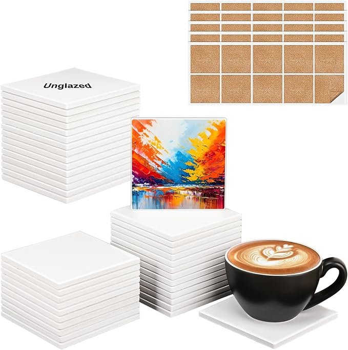 40 Pack 4 x 4 Inch Square Ceramic Tiles for Crafts, Blank Ceramic Coasters with Cork Backing Pad, Perfect for Painting, Alcohol Ink, Acrylic Pouring - DIY Coaster(Unglazed) by IHDYPPEW