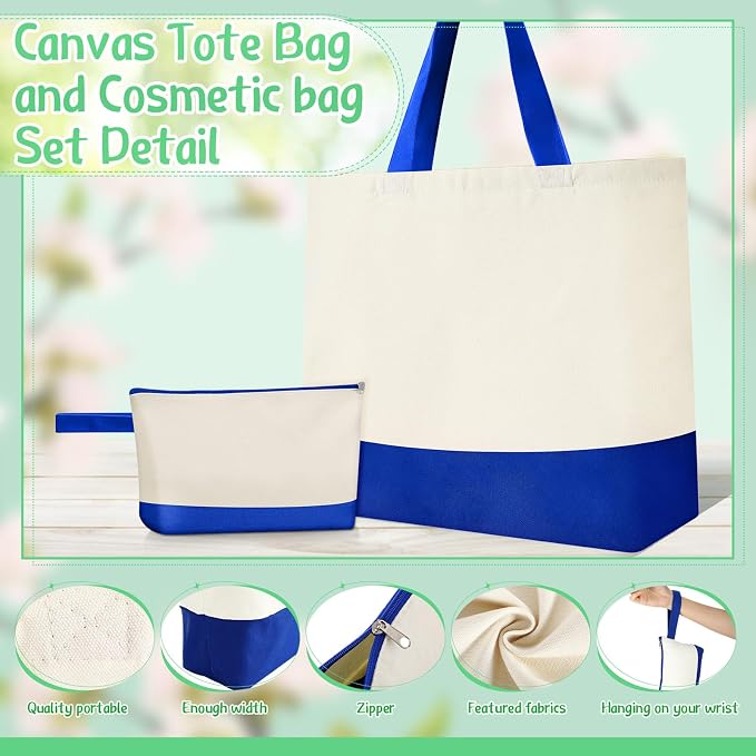 Sanwuta 16 Pcs Canvas Tote Bags Bulk with Zipper Cosmetic Pouch,Blue | 18.5" Reusable Cotton Shopping Bag with Handle for DIY Craft - Image 4
