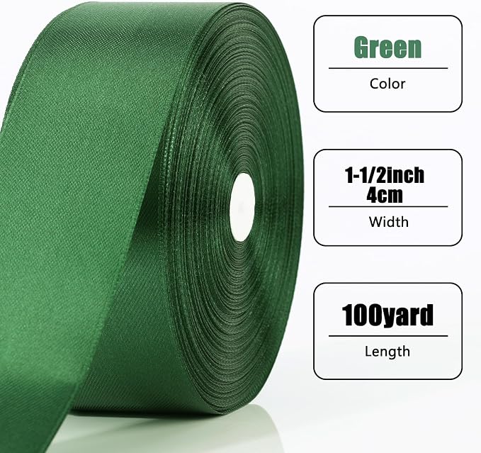 100 Yards Ribbon,1-1/2 Inch Dark Green Satin Ribbon | Single Face Satin Ribbons,Perfect for Gift Wrapping,Wedding Decoration,Handmade Bows and More - Image 2