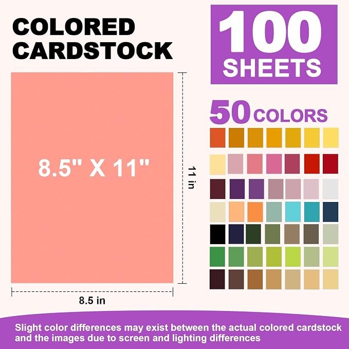 100 Sheets Colored Cardstock 8.5" X 11", 50 Assorted Colors(180GSM/65LB) | Construction Paper, for DIY Crafts, Card Stock Printer Paper, Thick Cardstock Paper for School Supplies, Party Decor - Image 2