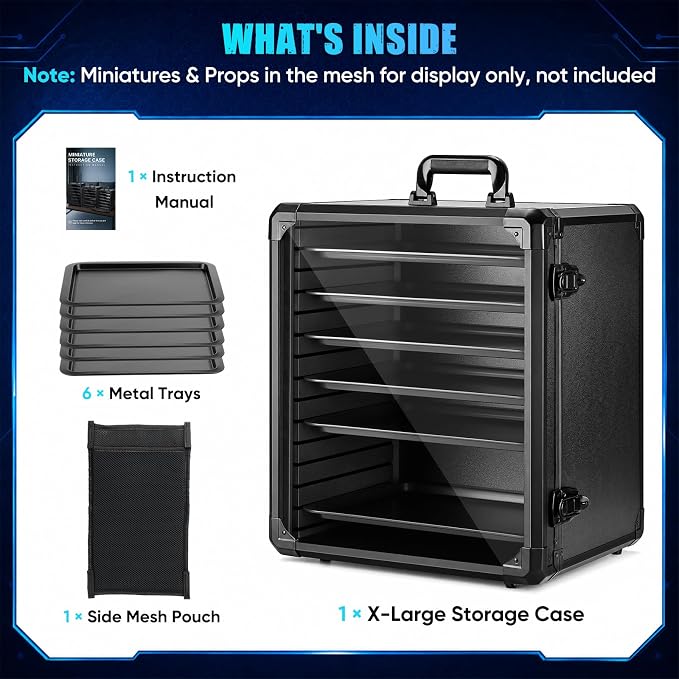 ONULISS Miniature Carrying Case with Side Mesh Pouch 6 Trays (X-Large Size) | Miniature Storage & Transport Case - Aluminum Alloy Frame & 6 Metal Trays for Display Figure Collectibles 15.9” x 12.9” x 18” - Image 8