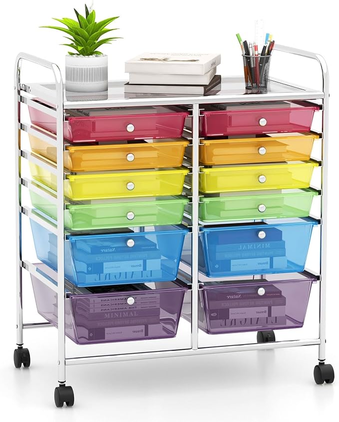 DREAMADE Rolling Cart with Storage Drawers, Utility Cart with Removable Plastic Drawers, Lockable Wheels, Art Cart for Classroom Organization Art Supplies Office Scrapbook (‎12 Drawers, Rainbow) by DREAMADE