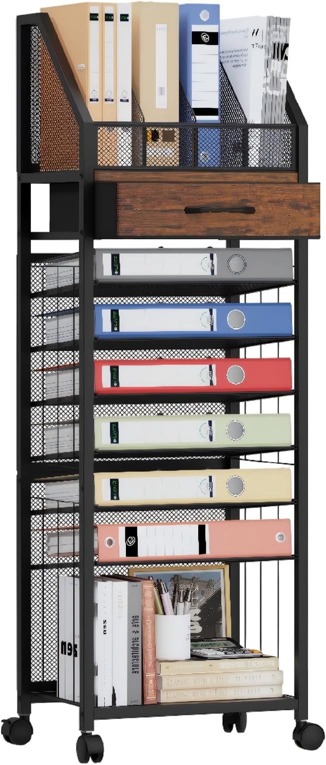 SWTYMIKI 9-Tier Rolling File Cart - Paper Organizer with Drawer and Trays, Wood Desk Office Organizer, Office Organization and Binder Storage for Workspace, Home, School, Espresso by SwtyMiki-TidyHomeSweetLife