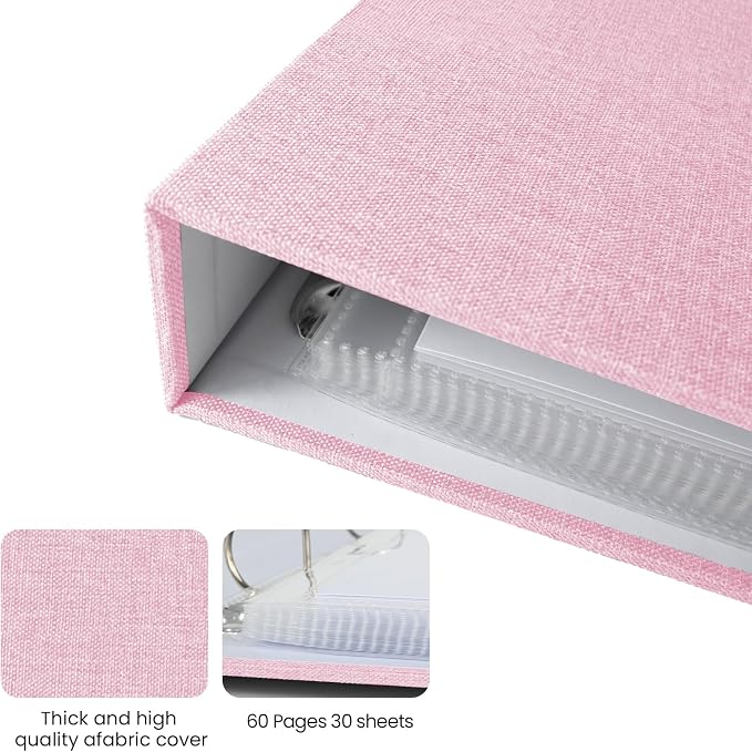 3 Ring Binder 12x12 Inch Large Scrapbook Photo Album, Linen Cover Scrap Book with 30 Plastic Sleeves 60 Pages 12 x 12 Scrapbooks White Pages for Wedding Couples Baby Travel Women kids (Pink) - Image 7