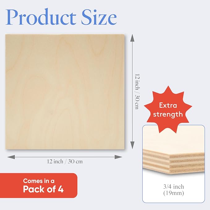 Baltic Birch Plywood 12 x 12 x 3/4 Inch - 18 mm Craft Wood, Pack of 4 B/BB Grade, Stronger Than Basswood Sheets/Balsa Wood, Perfect for Laser, CNC Cutting, Shelf Boards 12 inch Wide, by Woodpeckers - Image 2