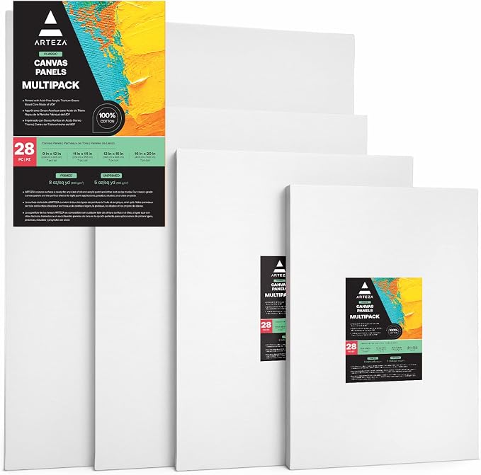 ARTEZA Canvas Boards for Painting, 9 x 12, 11 x 14, 12 x 16, 16 x 20 Inches, Multipack of 28, Blank White Canvas for Acrylic, Oil and Gouache Painting by ARTEZA