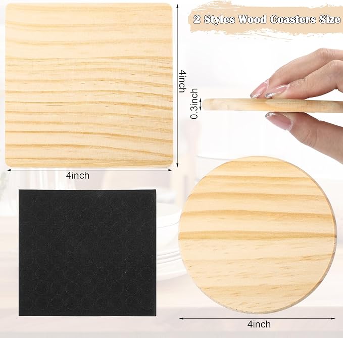 Hushee 72 Pcs Unfinished Wood Coasters 4 Inch Blank Wooden Coasters for Crafts with Non Slip Foam Pad Stickers Wooden Craft Tabletop Protection for Christmas DIY Painting Engraving Home Decoration - Image 2