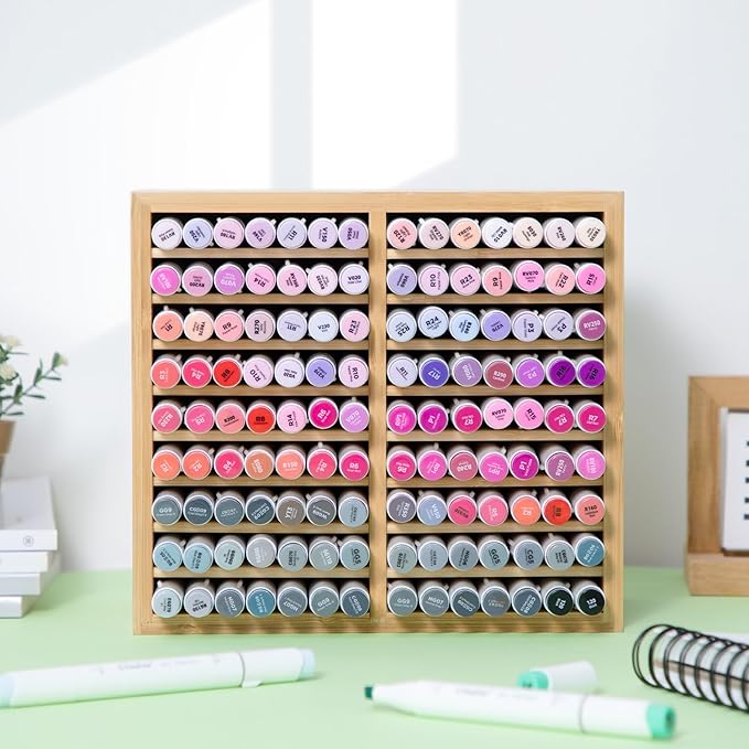 Ohuhu Bamboo Marker Organizer, Wooden Desktop Storage Holds 126 Markers | Markers Pens Pencils Art Brushes Stationary Organizer Pencil Holder with 18 Compartments for Classroom Office Decor Home - Image 5