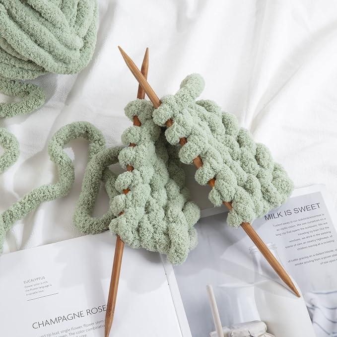 HOMBYS Sage Green Chunky Chenille Yarn for Crocheting, Bulky Thick Fluffy Yarn for Knitting,Super Bulky Chunky Yarn for Hand Knitting Blanket, Soft Plush Yarn, 18 Jumbo Pack (27yds,8 oz Each Skein) - Image 7