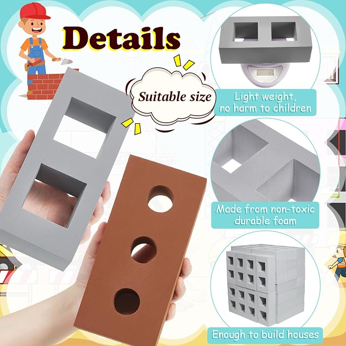 Zhanmai 50 Pack Foam Bricks Building Blocks for Kids Foam Cinder Blocks Large Fake Bricks Toy for Stacking and Construction 8 x 4 x 2.4 Inches(Square Round) - Image 3