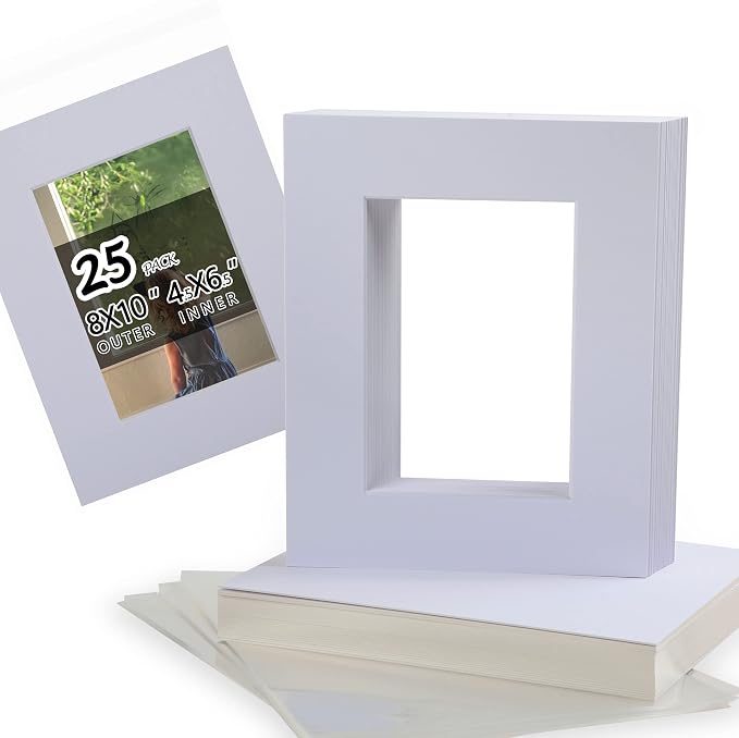 Falling in Art Acid Free 8x10 Pre-Cut Picture Mat Board Kit for 5x7 Photo | Includes 25 White Core Bevel Cut Mattes, 25 Backing Boards, 25 Crystal Clear Bags by FallinginArt