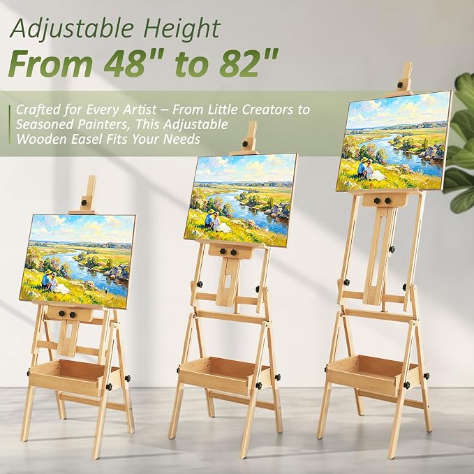Multi-Function Beech Wood Art Easel for Painting, Flat Desk Easel Stand | Foldable & Adjustable Paint Easel Standing, H-frame Wooden Painting Easel Stand with Storage Box for Adults Artist Studio - Image 5