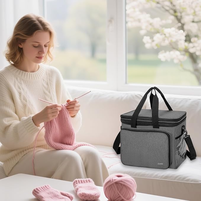 Teamoy Crochet Bag, Knitting Bag Yarn Storage Tote, Yarn Organizer, Gray | Yarn Holder for Crocheting, with Inner Divider and Cover, for Yarn Skeins, Project, Knitting Needles, and Crochet Supplies - Image 6