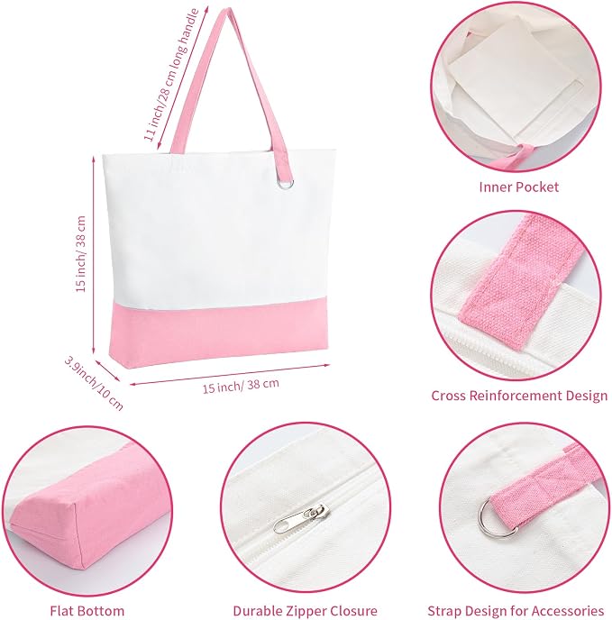1 Pack Canvas Tote Bag with Zipper, Large Reusable Grocery Tote, Pink | Blank bag, washable, inner pocket, flat bottom, sturdy handle, for sublimation DIY/transfer, travel/beach/Christmas crafts - Image 4