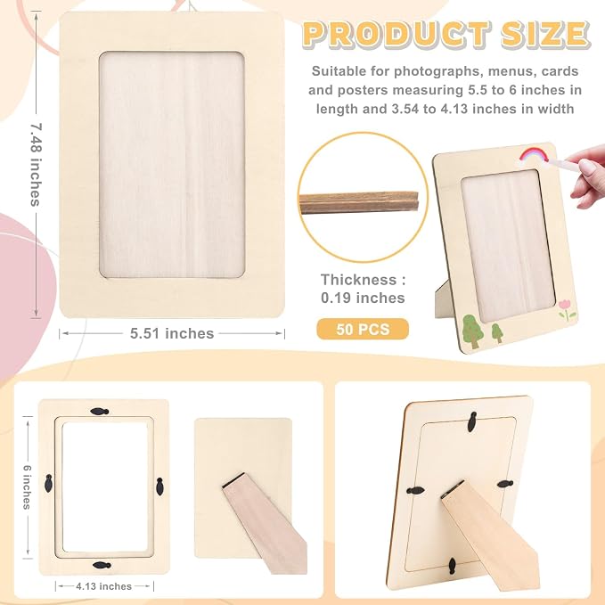 SAYAYA 50 PCS Unfinished Wood Picture Frames Bulk 4x6, DIY Wooden Photo Frames for Crafts, Solid Wood Blank Picture Frames for Painting, Ideal for Classroom Projects, Party Decor, Mother’s Day Gifts - Image 2