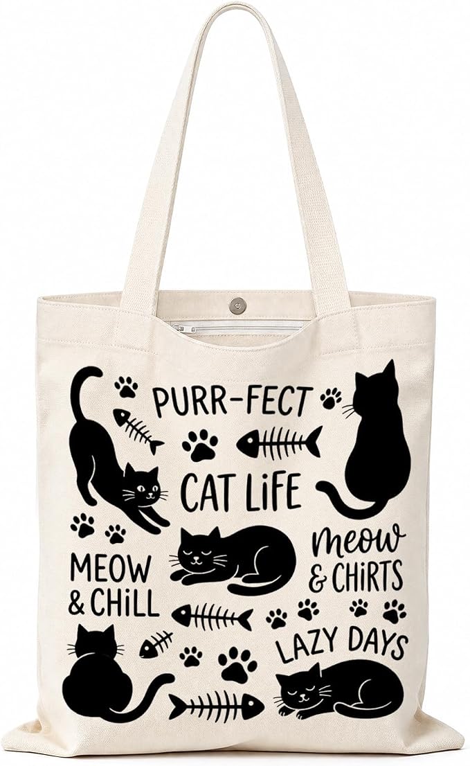 Printed Canvas Tote Bag Zipper Pocket & Magnetic Snap, Cat B | Versatile Hand Shoulder Carry, 15x16 Inch Large Large Capacity, for Work, Travel, Shopping by MOLOVACase