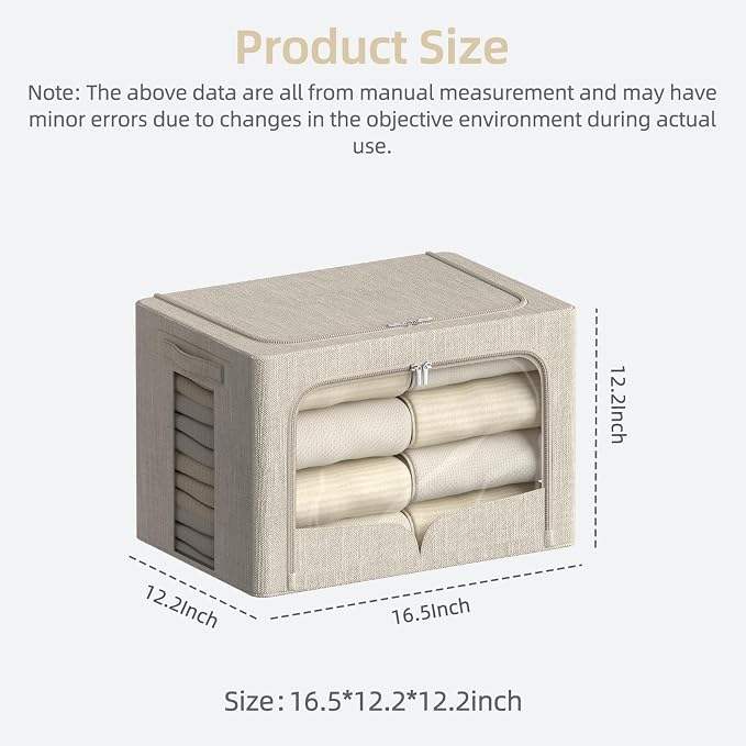 FHSQX 3 Pack Clothes Storage Bins - Foldable Metal Frame Storage Box - Stackable Linen Fabric Container Organizer Set with Carrying Handles and Clear Window (Beige, 16.5x12.2x12.2inch(40L)) - Image 3