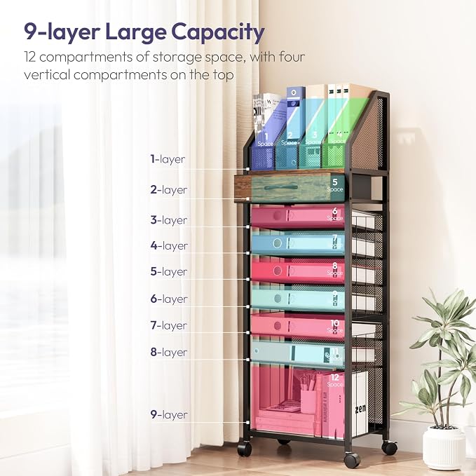 SWTYMIKI 9-Tier Rolling File Cart - Paper Organizer with Drawer and Trays, Wood Desk Office Organizer, Office Organization and Binder Storage for Workspace, Home, School, Espresso - Image 7