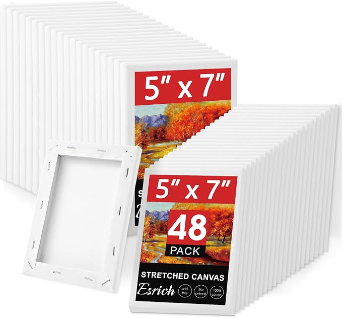 ESRICH Stretched Canvas for Painting 5x7, 48 Pack Small Canvases for Painting 5/8" Profile Primed Acid-Free Blank Painting Canvas for Kids & Artists for Decorations, Painting Parties. by ESRICH